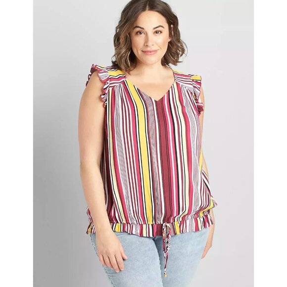 Lane Bryant Womens Plus Size 18/20 Striped Sleeveless Ruffle Blouse Pink 2435 - Picture 1 of 8